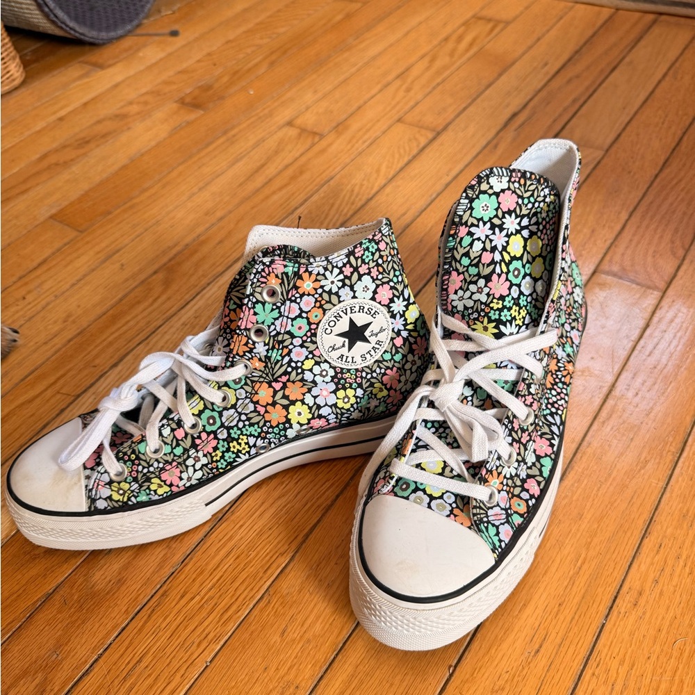 Converse High Top Sneakers — Black Canvas with Pastel Floral Print
